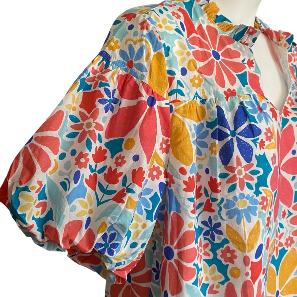 Fate Curve Floral Print Bubble Sleeve Cotton Blouse Womens Plus Size 1X NWT - Picture 5 of 12